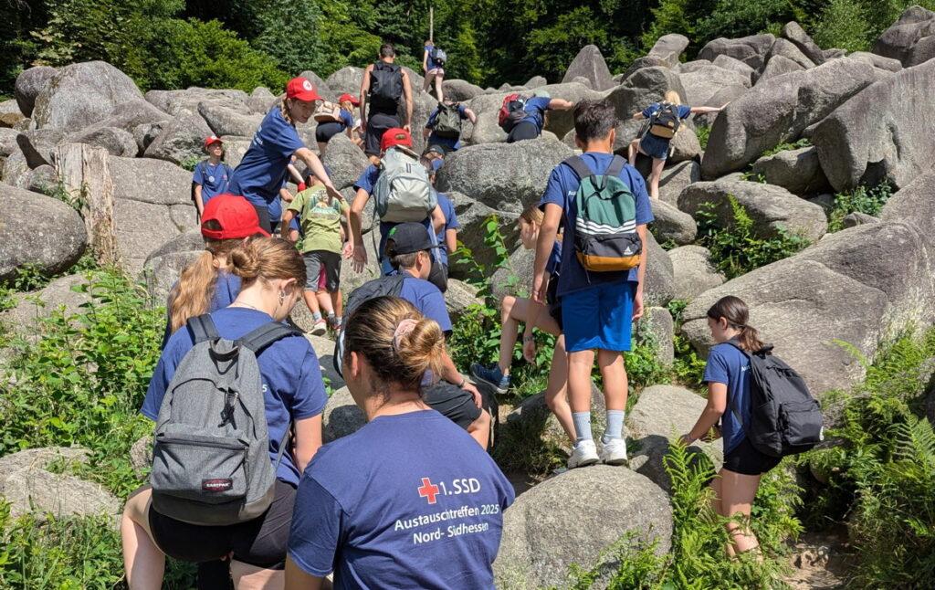 Eine Gruppe Jugendlicher klettert auf den Felsen des Felsenmeeres.
